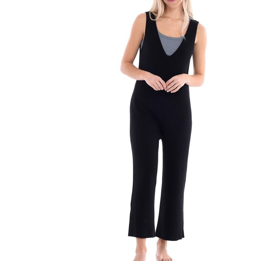 Paper Label Freya Cotton Rib-Knit Jumpsuit Small Black NWOT
